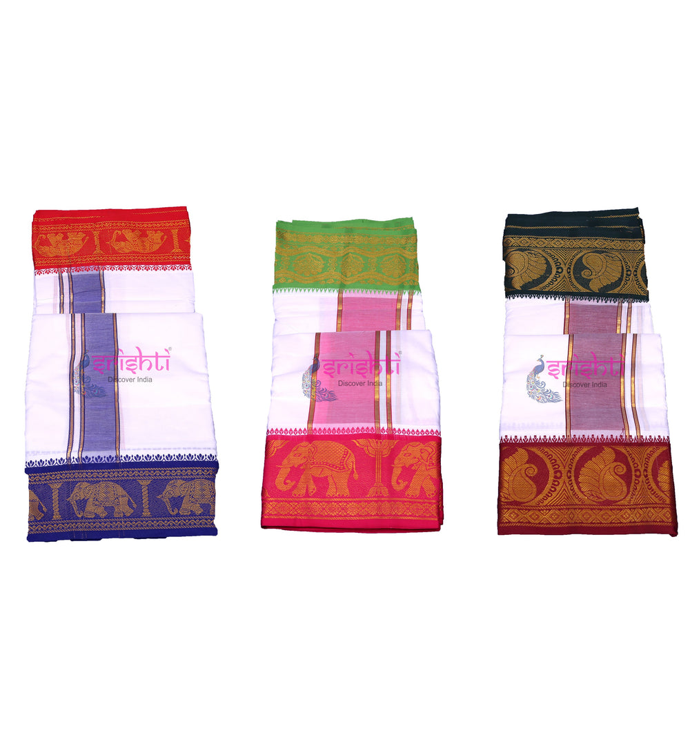 ISCMD-Srishti Premium Pancha Cotton Dhoti/Veshti White Assorted Borders 10 X 6 Yards (ISPCD016)