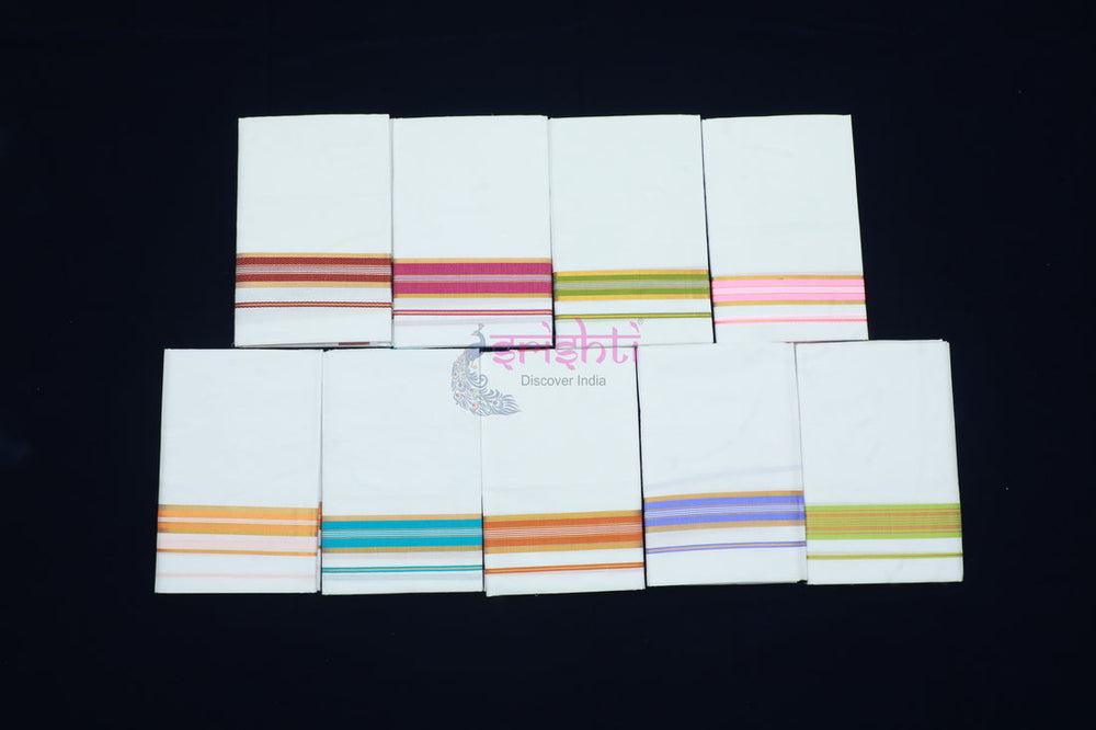 ISCMD-Srishti Premium White Cotton Dhoti/Veshti Assorted Border-4 Yards (ISPCD034)