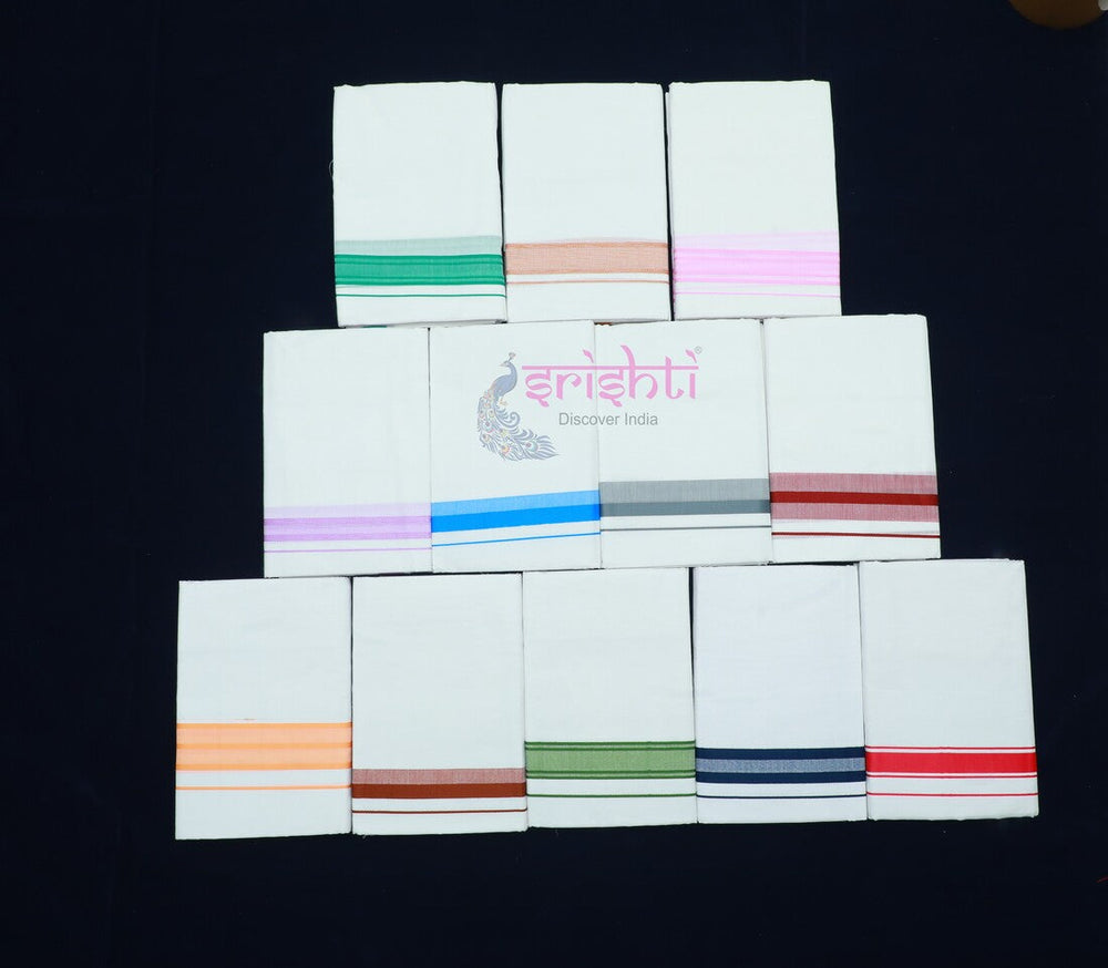ISCMD-Srishti Premium White Cotton Dhoti/Veshti Assorted Border-8 Yards (ISPCD035)