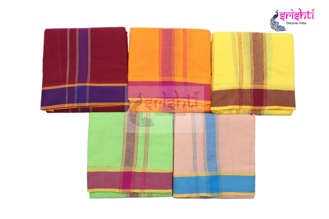 ISPDV-Srishti Premium Assorted Color Cotton Dhoti with Assorted Plain Border 9 X 5 Yards (ISPCD036)