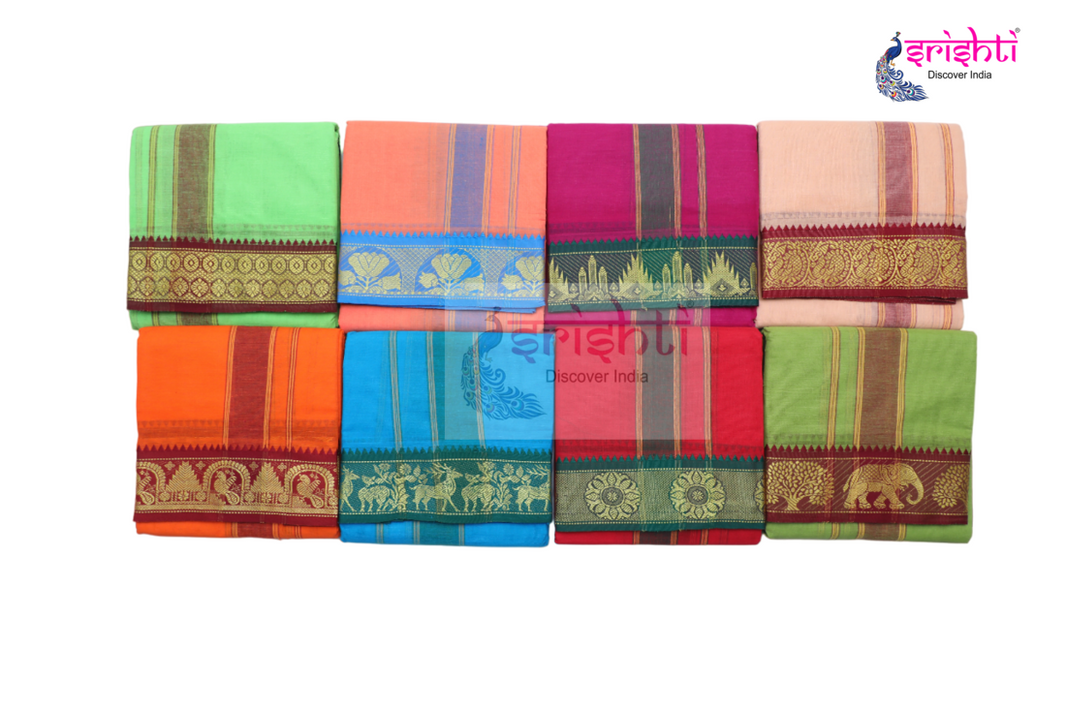 ISPDV-Srishti Premium Assorted Color Cotton Dhoti with Assorted Design Border 9 X 5 Yards (ISPCD037)