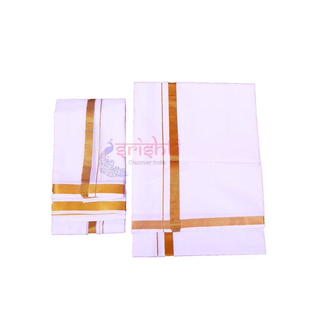 ISCMD-Srishti White Cotton Dhoti With Angavastharam-4 Yards (ISPCD017)