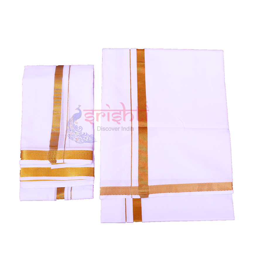 ISCMD-Srishti White Cotton Dhoti With Angavastharam-8 Yards (ISPCD018)