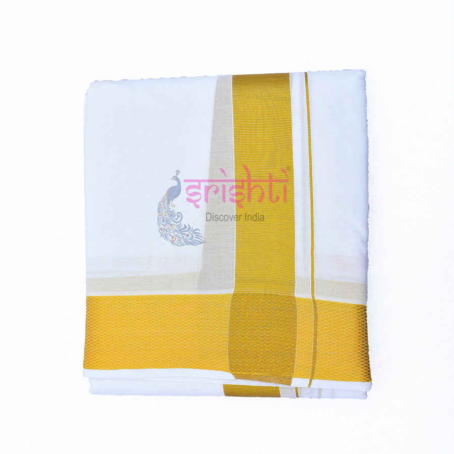 ISADV-White Cotton Dhoti/Veshti With Gold Border-9x5 Yards (ISPCD026)