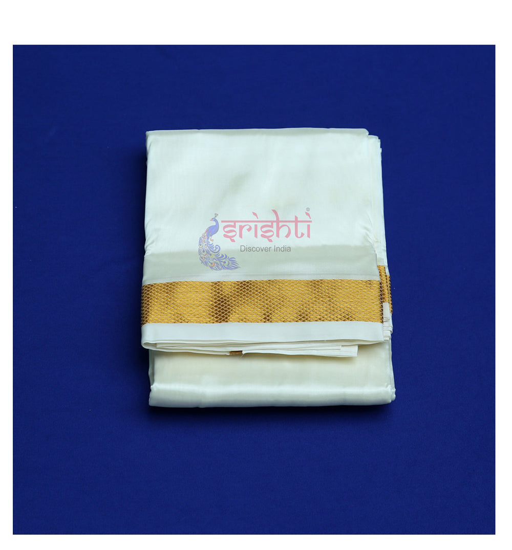 ISPDV-Srishti White Silk Dhoti Gold Border- 10X6 Yards (ISNSD10G01)
