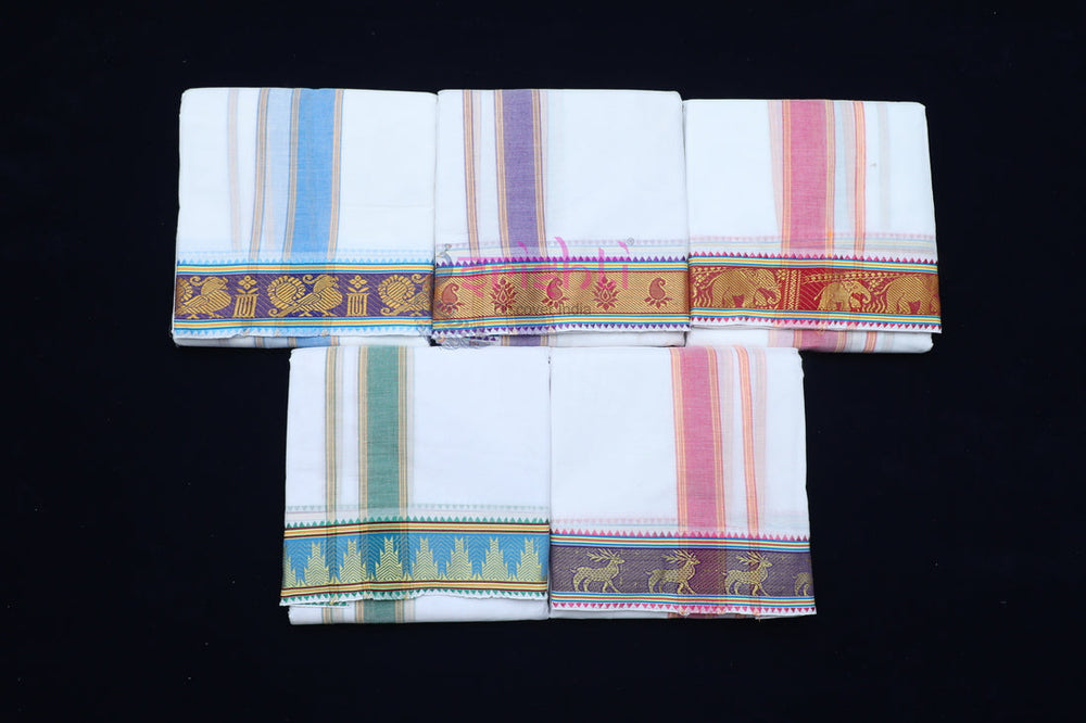 ISPDV-Srishti Premium White Cotton Dhoti with Assorted Big Border-9 X 5 Yards (ISPCD040)