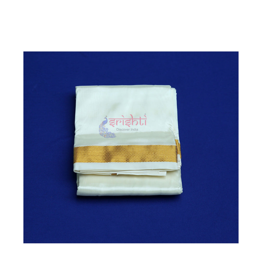 ISPDV-Srishti White Silk Dhoti Gold Border-4 Yards (ISNSD4010)